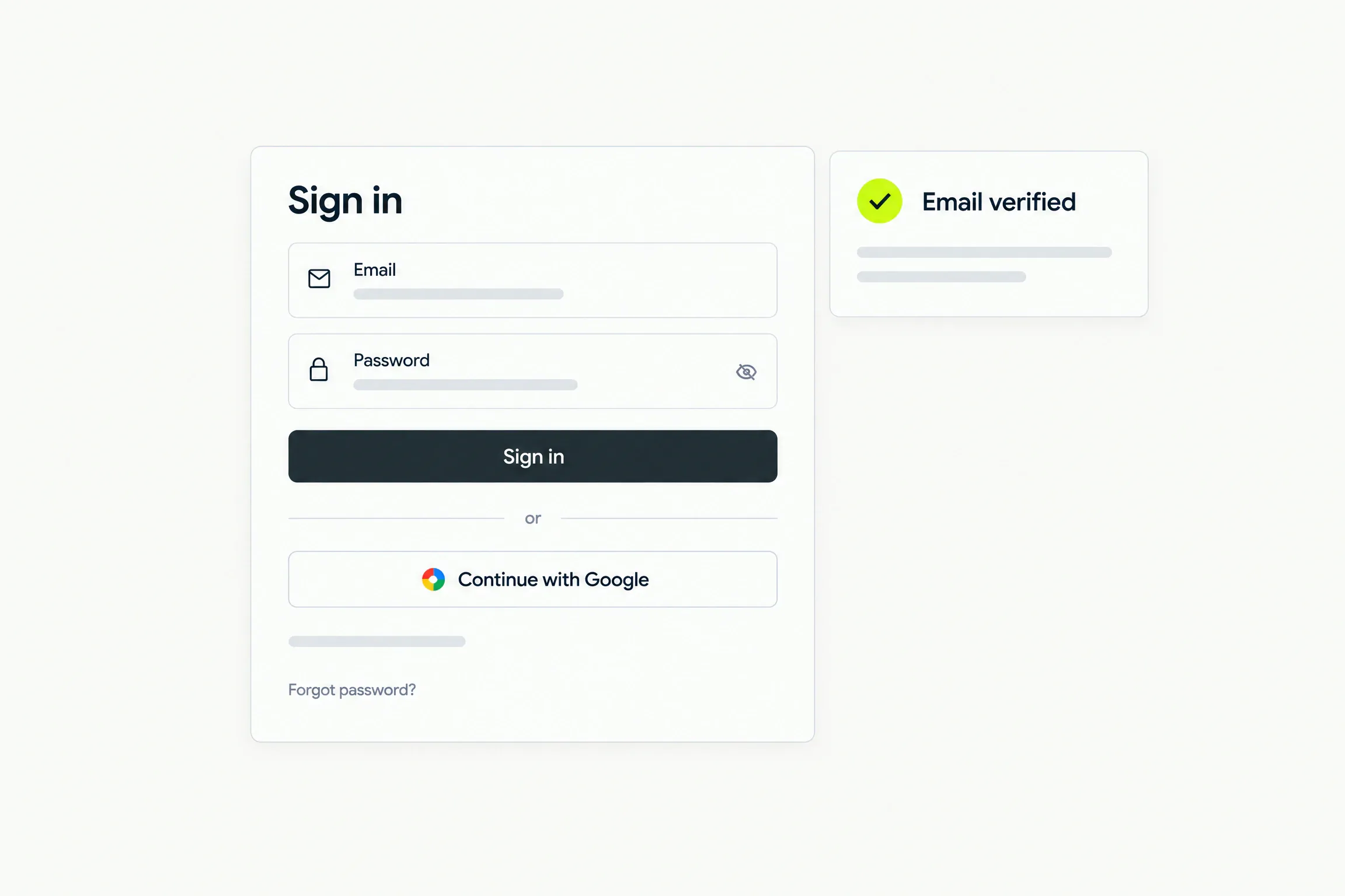 A sign-in card with email, password and Continue with Google, and an Email verified badge