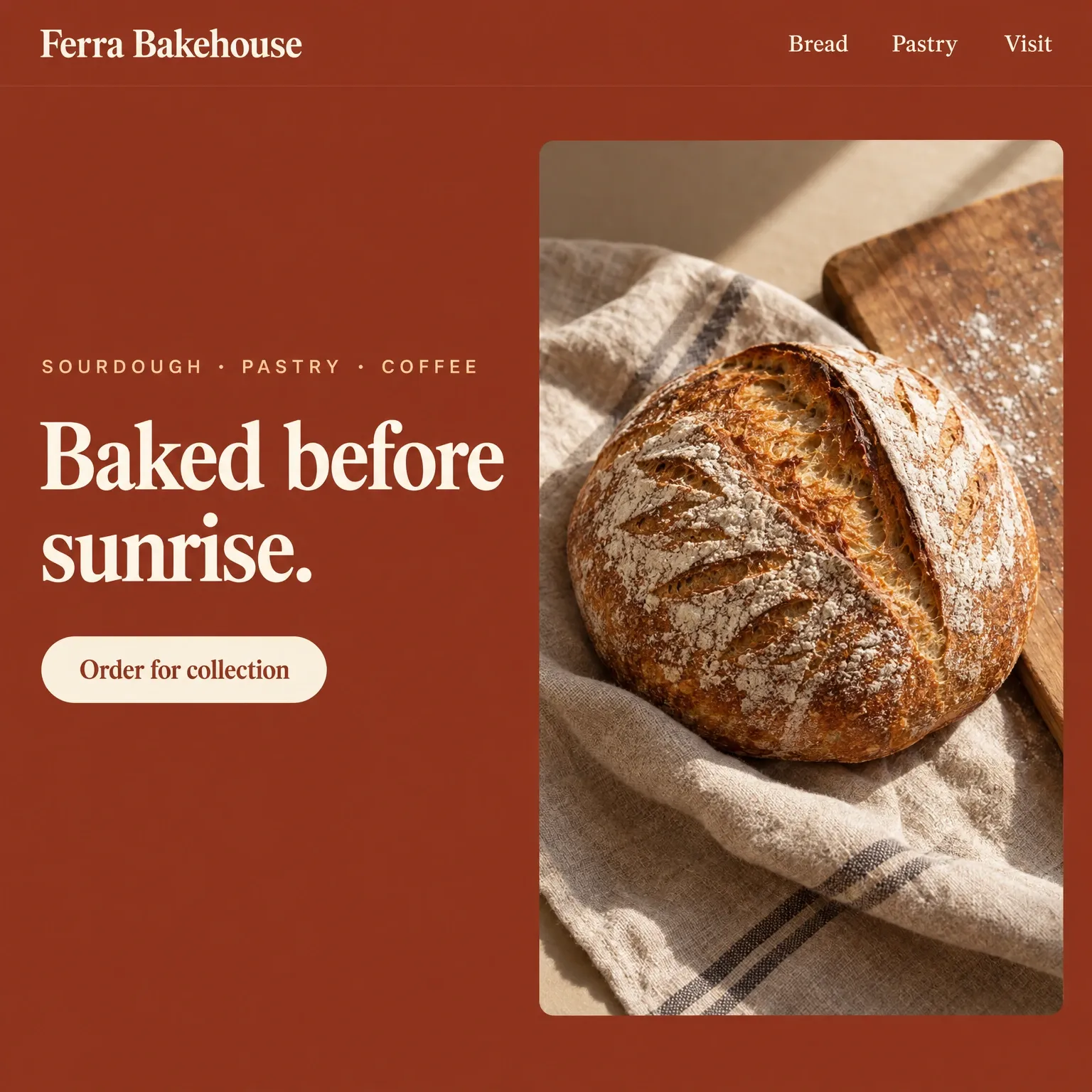 A bakery homepage: deep terracotta, a cream serif headline and a photograph of a scored sourdough loaf on linen