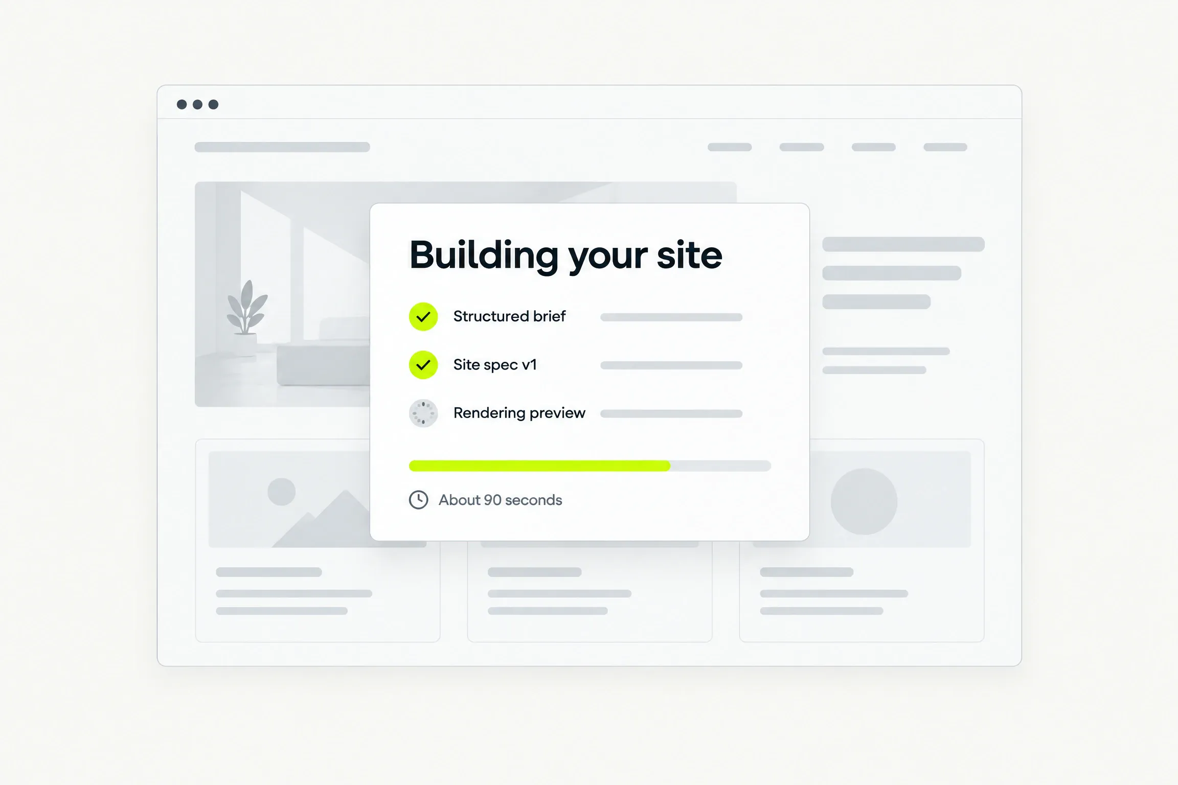 The build in progress: structured brief and site spec done, preview rendering, about 90 seconds
