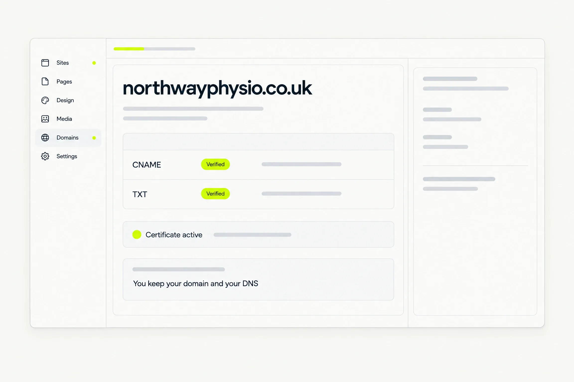 The Domains screen for northwayphysio.co.uk: CNAME verified, TXT verified, certificate active, you keep your domain and your DNS