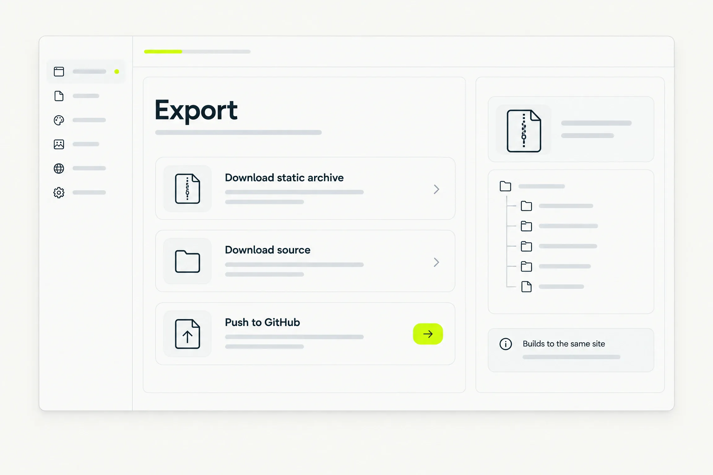 The Export panel: download static archive, download source, push to GitHub, builds to the same site