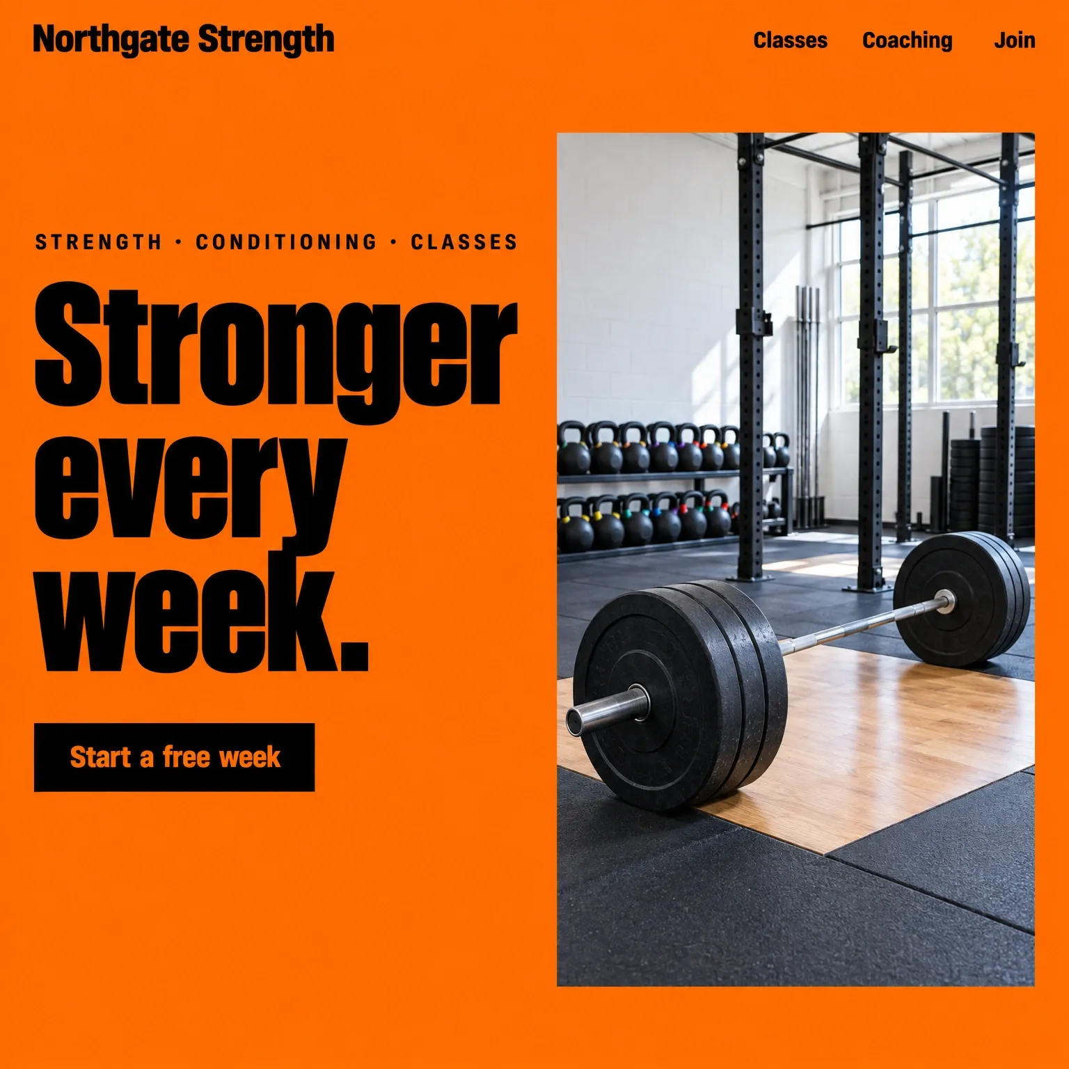 A gym homepage: vivid orange, a heavy black headline and a photograph of a loaded barbell on a platform